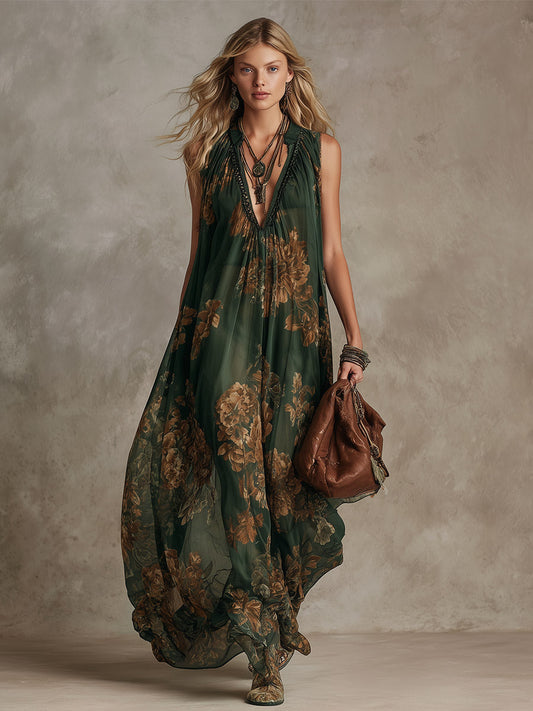 Vintage Style Green Chiffon Floral Print Sleeveless Maxi Dress