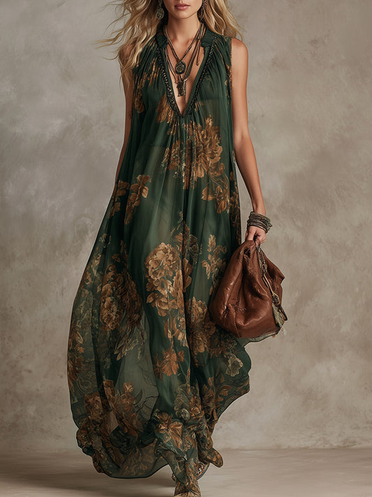 Vintage Style Green Chiffon Floral Print Sleeveless Maxi Dress