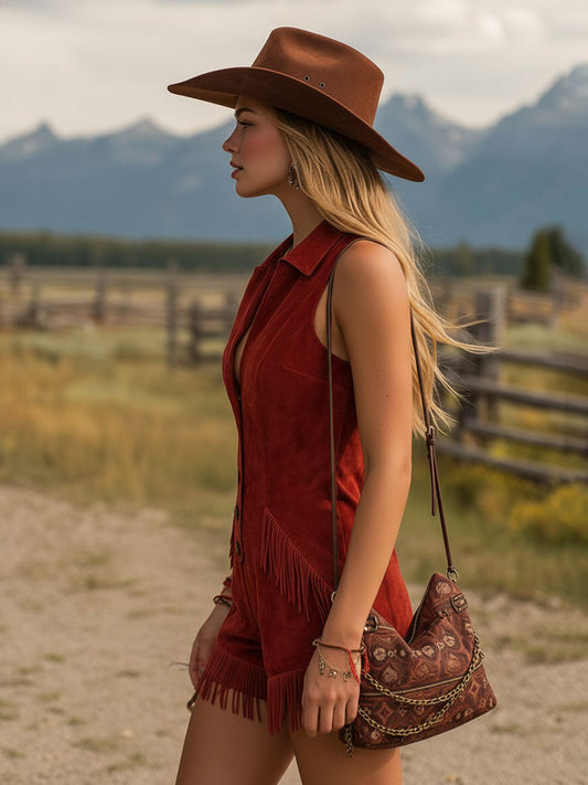 Western Style Retro Collared Faux Suede Tassel Sleeveless Short Jumpsuit