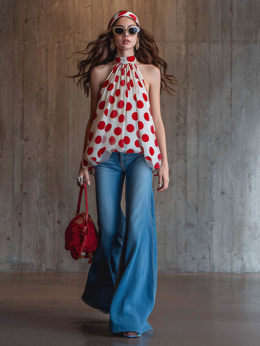 Retro Red Polka Dot Chiffon Sleeveless Halter Neck Tulip Shirt