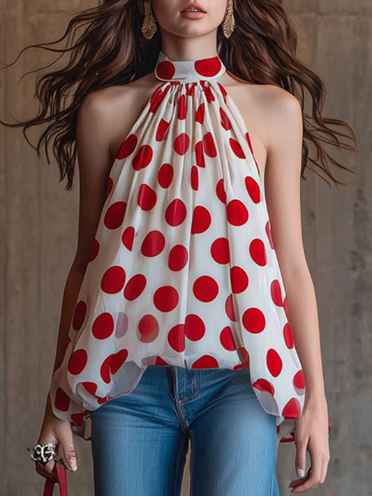 Retro Red Polka Dot Chiffon Sleeveless Halter Neck Tulip Shirt