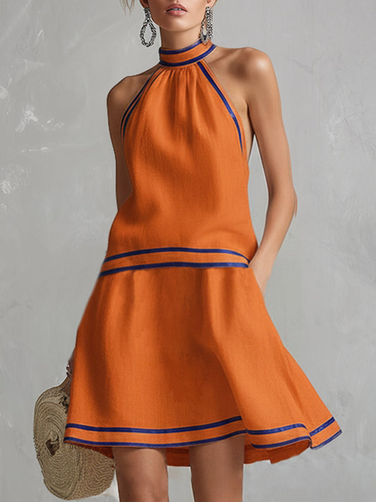 Elegant Orange Cotton Linen Halter Mini Dress with Contrast Piping