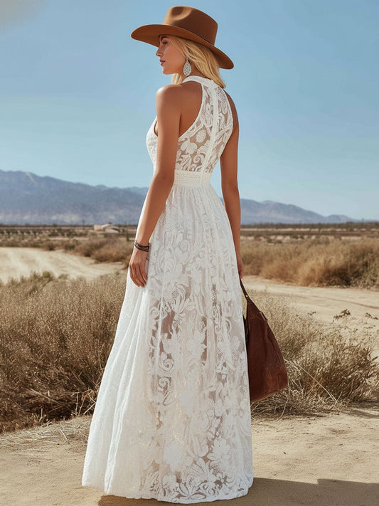 Vintage Inspired Halter Neck Sleeveless Openwork Lace Maxi Dress Beige