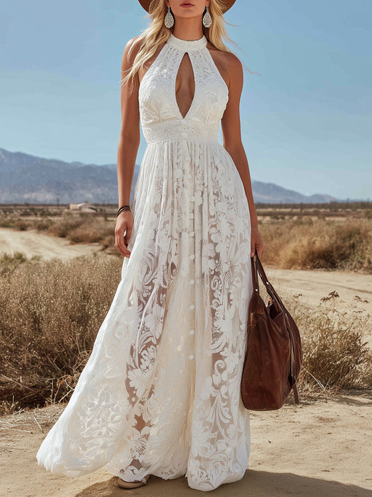 Vintage Inspired Halter Neck Sleeveless Openwork Lace Maxi Dress Beige