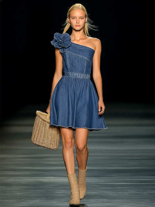 Vintage Inspired Blue Denim Sleeveless Mini Dress With Floral Details