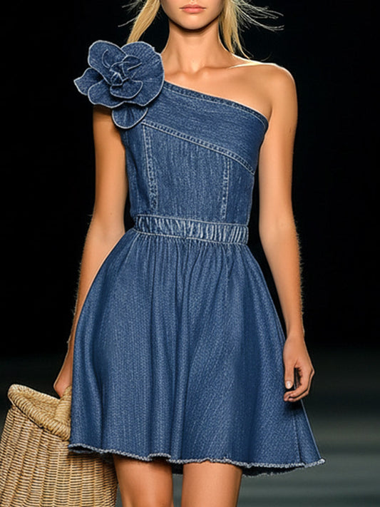 Vintage Inspired Blue Denim Sleeveless Mini Dress With Floral Details
