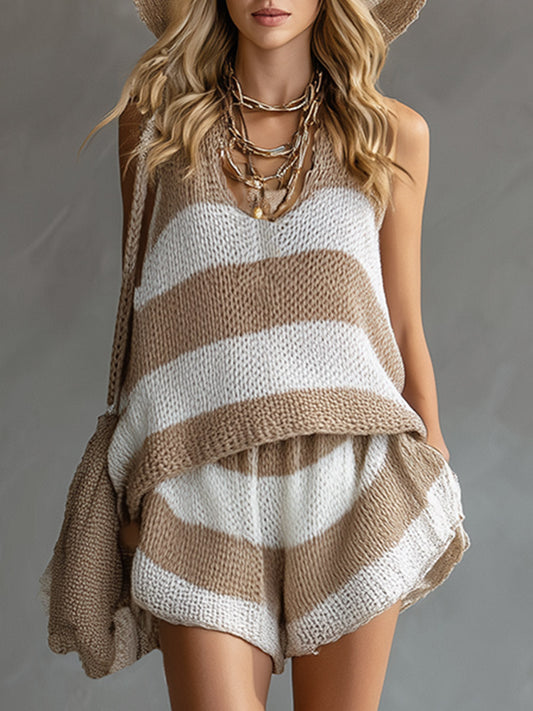 Casual Striped Knit Tank Top And Shorts Vacation Set