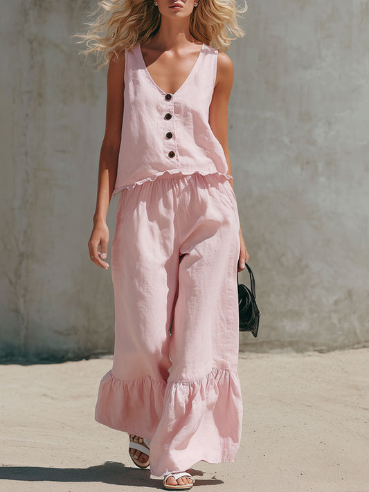 Casual Retro Pink Cotton Linen Sleeveless Shirt and Ruffled Pants Set