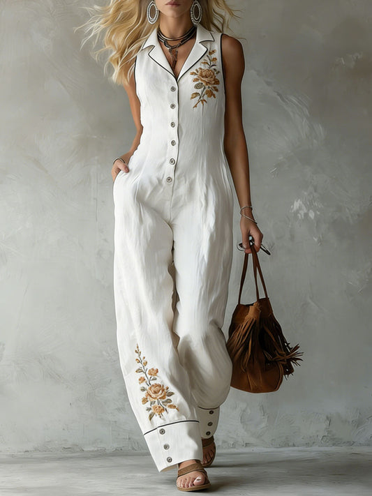Retro Style Collared Embroidered Cotton Linen Sleeveless Jumpsuit