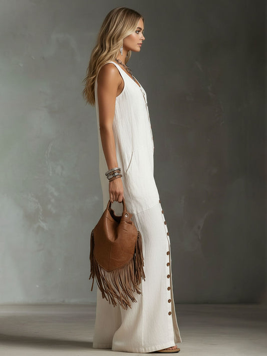 Retro-Style Round Neck Button-Down Cotton Linen Sleeveless Jumpsuit