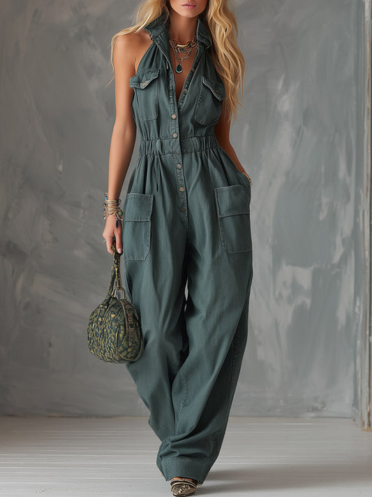 Vintage Style Green Denim Wide Leg Jumpsuit With Lapel Collar