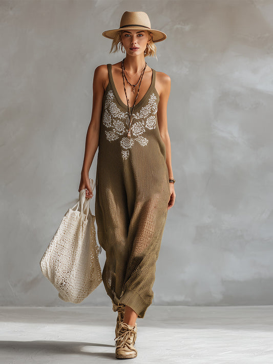 Elegant Olive Green Floral Breathable Knit Sleeveless Maxi Dress