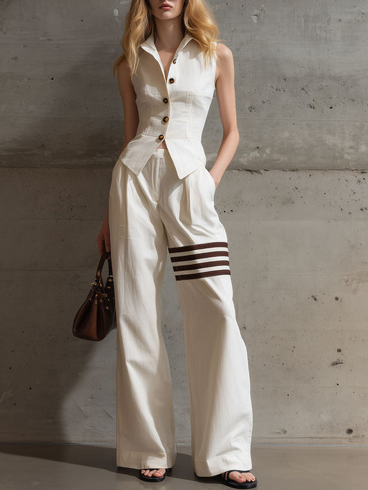 Retro Cotton Linen Sleeveless Shirt And Striped Pants Set