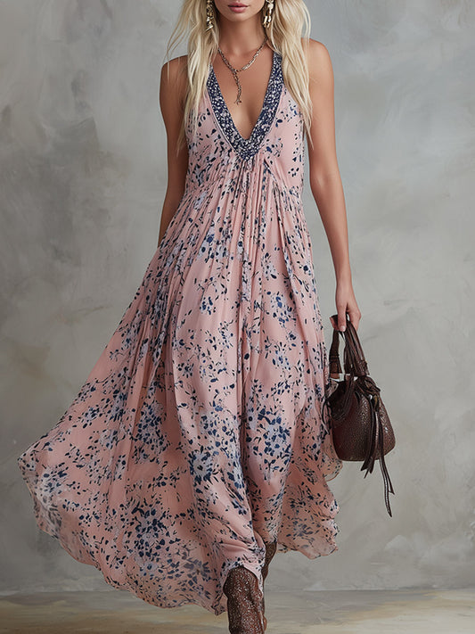 Retro Floral Pink Chiffon Sleeveless V-Neck Maxi Dress for Women