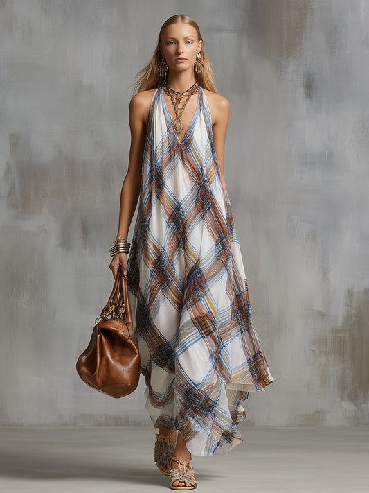 Elegant White Chiffon Maxi Dress with Subtle Urban Plaid Print