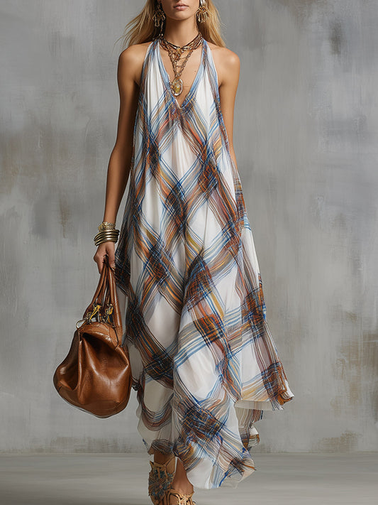 Elegant White Chiffon Maxi Dress with Subtle Urban Plaid Print