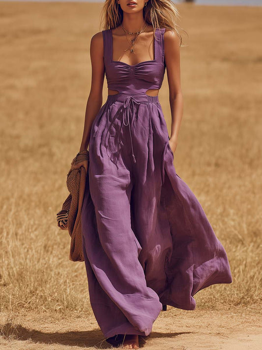 Retro Western Purple Cotton-Linen Maxi Dress with Waist Cutout