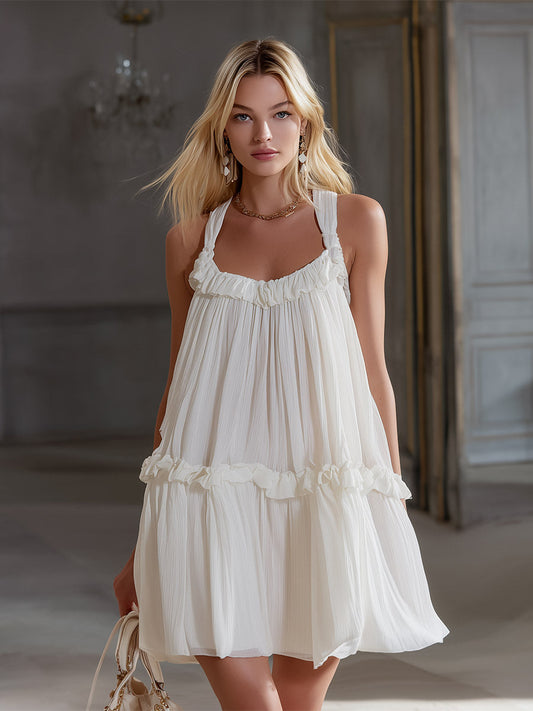 Elegant White Chiffon Ruffled Sleeveless Mini Dress for Women