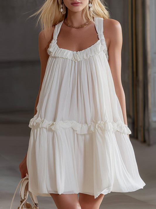 Elegant White Chiffon Ruffled Sleeveless Mini Dress for Women