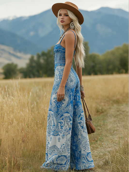 Bohemian Blue Square Neck Sleeveless Chiffon Wide-Leg Printed Jumpsuit