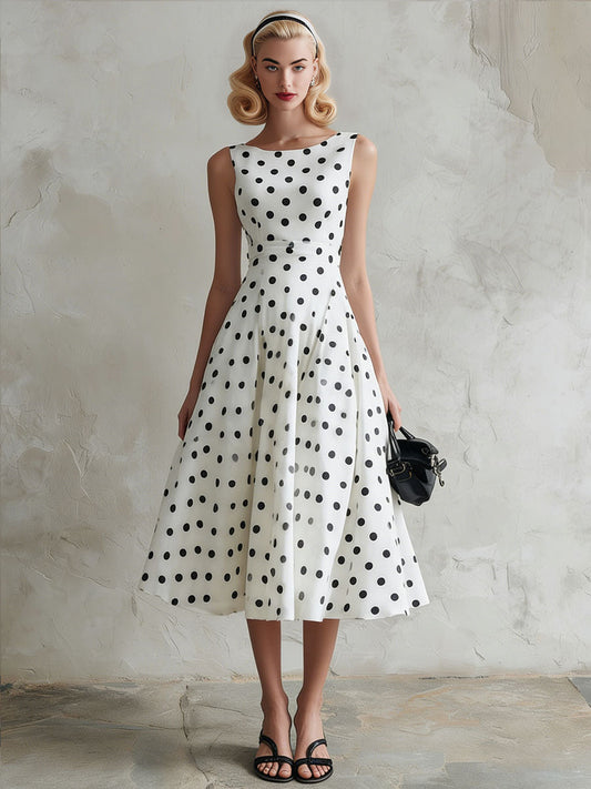 Retro Black Polka Dot White Chiffon A-Line Sleeveless Midi Dress