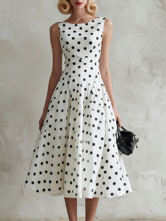 Retro Black Polka Dot White Chiffon A-Line Sleeveless Midi Dress