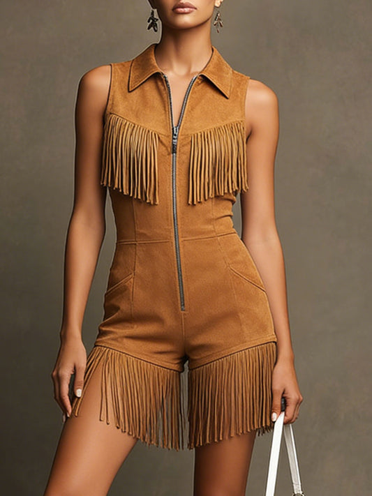 Caramel Faux Suede Fringe Shorts Jumpsuit for Women Western Retro