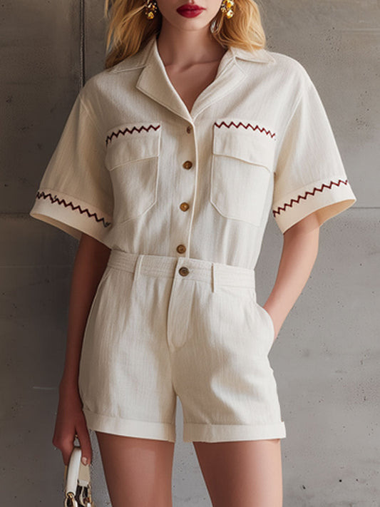 Casual Retro Embroidered Off-White Cotton Linen Short Sleeve Shirt Shorts Set
