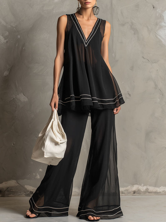 Retro Striped Black Chiffon A-Line Top And Flared Pants Set