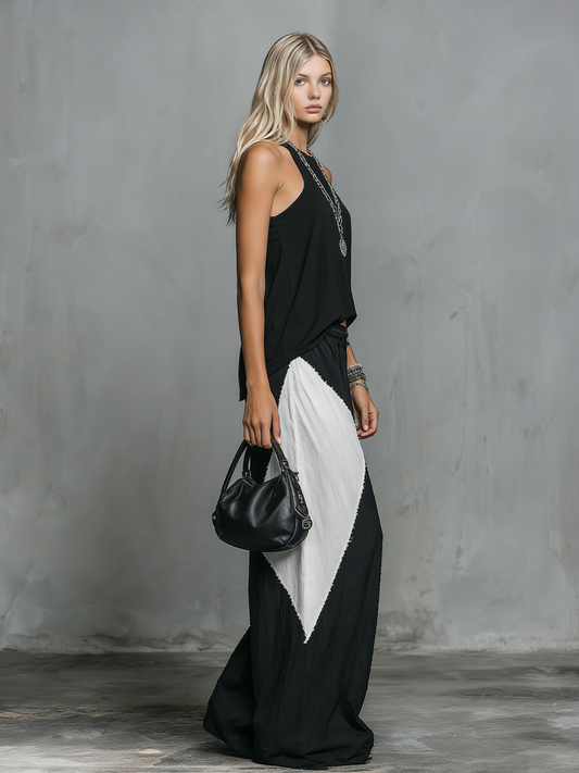 Urban Casual Sleeveless Crew Neck Top And Color-Blocked Chiffon Trouser Set