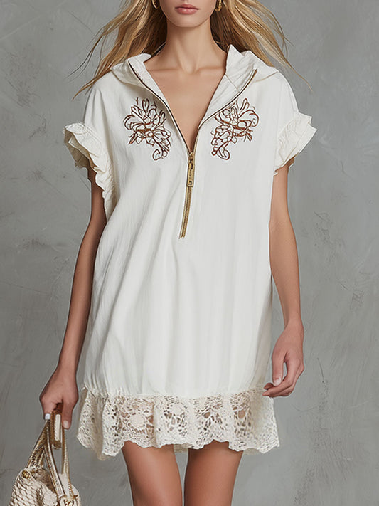 Casual Retro Embroidered Lace White Hooded Cotton Linen Mini Dress