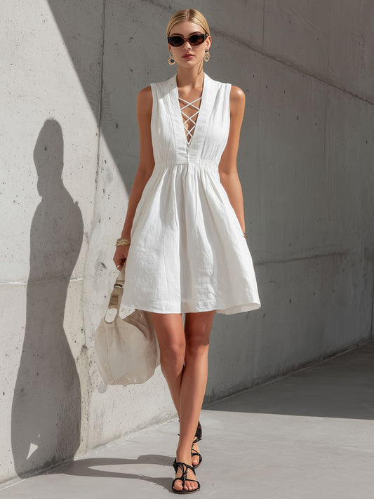 Retro White Cotton Linen Sleeveless V-Neck Tie-Up Mini Dress