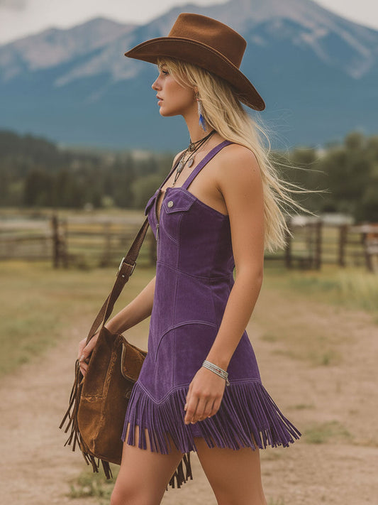 Western Style Sleeveless Faux Suede Mini Dress with Tassel Pockets