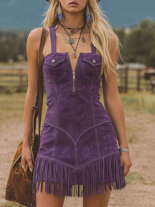Western Style Sleeveless Faux Suede Mini Dress with Tassel Pockets