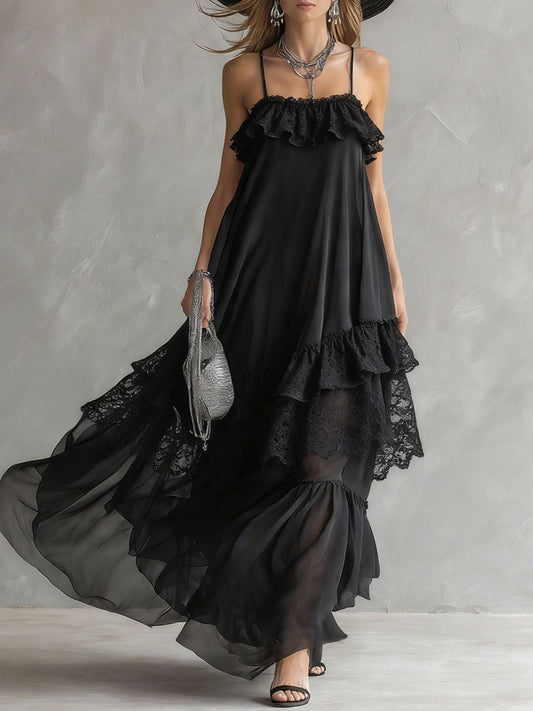 Elegant Black Chiffon and Lace Sleeveless Maxi Dress for Women