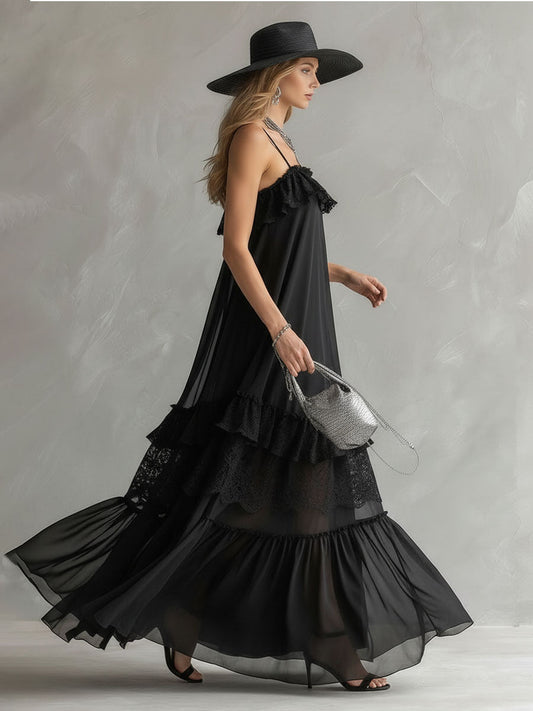 Elegant Black Chiffon and Lace Sleeveless Maxi Dress for Women