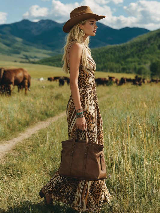 Leopard Print V-Neck Sleeveless Chiffon Maxi Dress with Side Slit