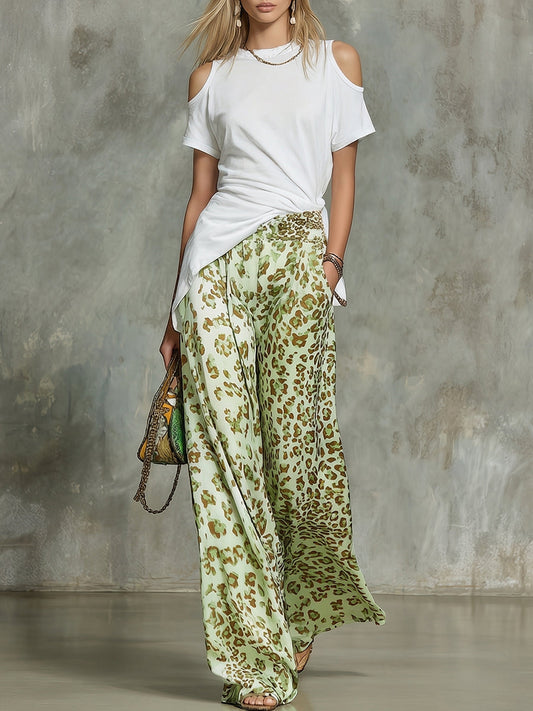 Off-Shoulder Short Sleeve Tee and Leopard Print Wide-Leg Pants Set