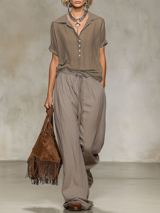 Collared Cotton-Linen Short-Sleeved Shirt and Wide-Leg Trousers Set