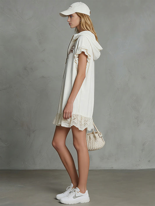 Casual Retro Embroidered Lace White Hooded Cotton Linen Mini Dress