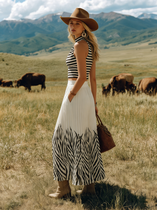 Bohemian Sleeveless Striped Top and Printed Chiffon Skirt Set