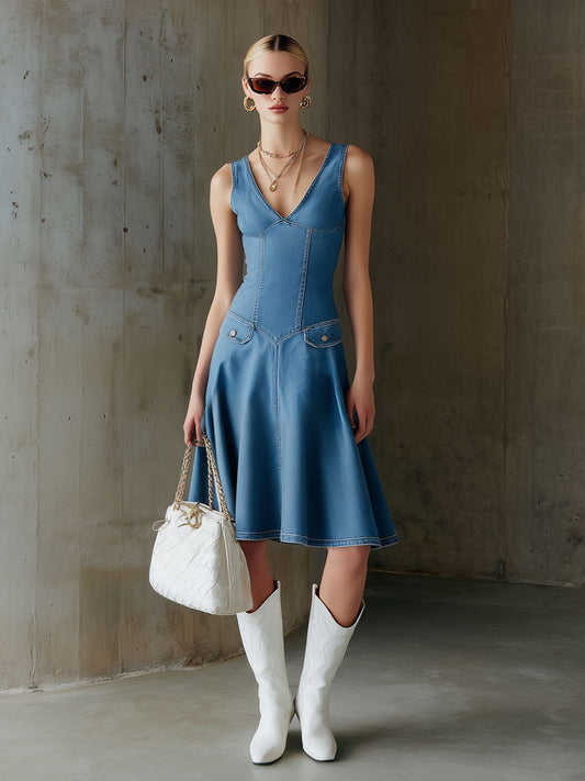 Retro Blue Denim V-Neck Sleeveless A-Line Midi Dress
