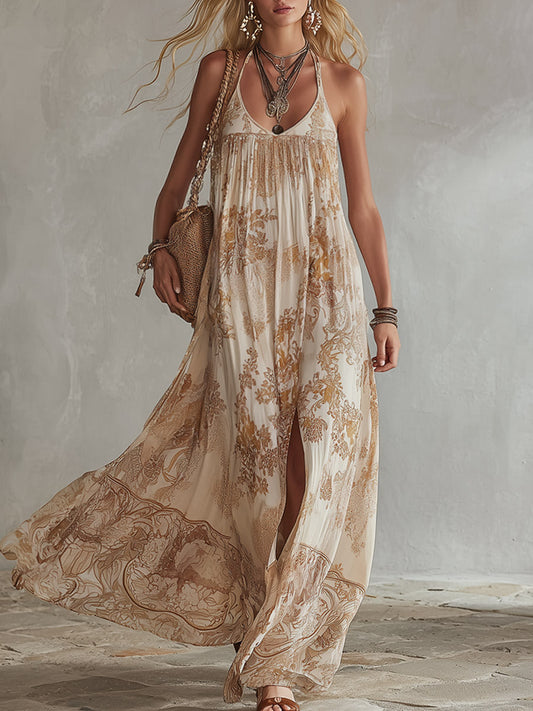 Retro Bohemian Beige Floral Print Flowy Chiffon Maxi Dress