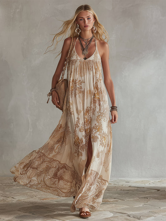Retro Bohemian Beige Floral Print Flowy Chiffon Maxi Dress