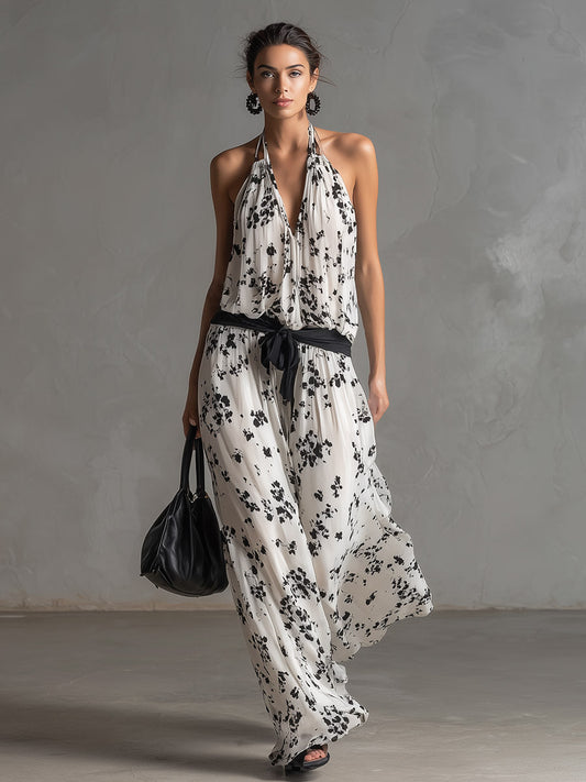 Elegant White Floral Print Chiffon Sleeveless Wide Leg Jumpsuit