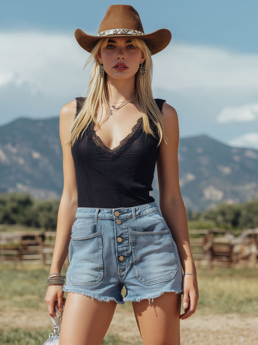 Retro Large Pockets Denim Shorts - Vintage Inspired Cotton Bottoms