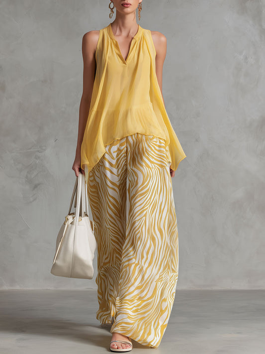 Retro Yellow Chiffon Sleeveless Shirt And Zebra Print Pants Set