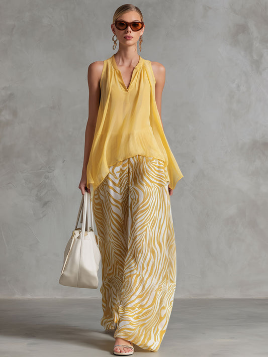 Retro Yellow Chiffon Sleeveless Shirt And Zebra Print Pants Set