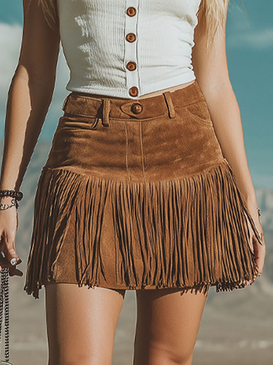 Brown Faux Suede A-Line Mini Skirt With Playful Tassel Fringe