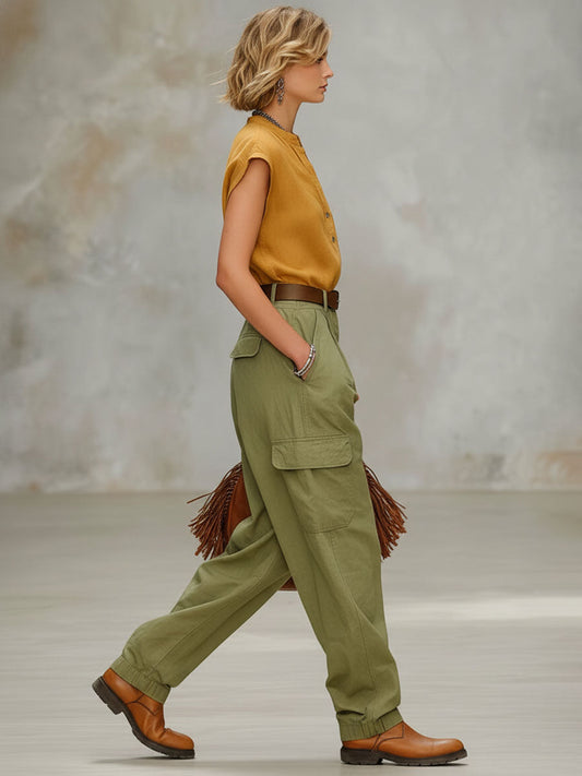 Vintage Style Cotton Linen Short Sleeve Shirt and Utility Trouser Set